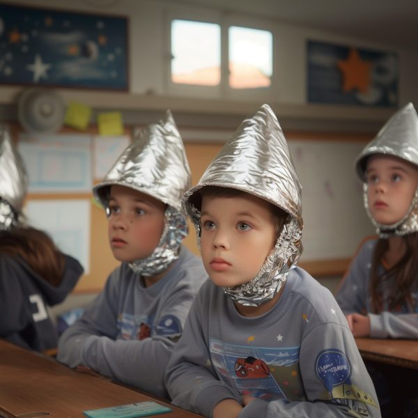 Children in Classroom with Aluminum Foil Hats