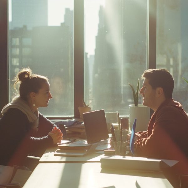 Engaged Conversation at a Sunlit Table
