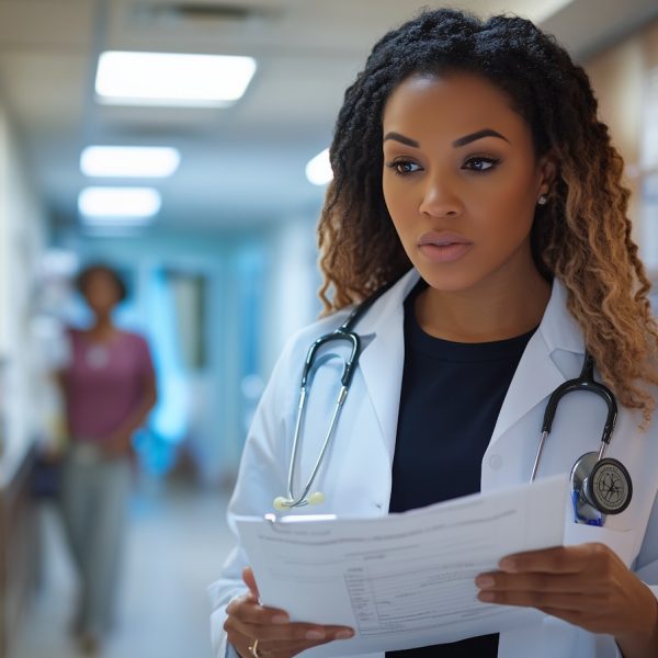Female Doctor Reviewing Documents in Hospital Hallway