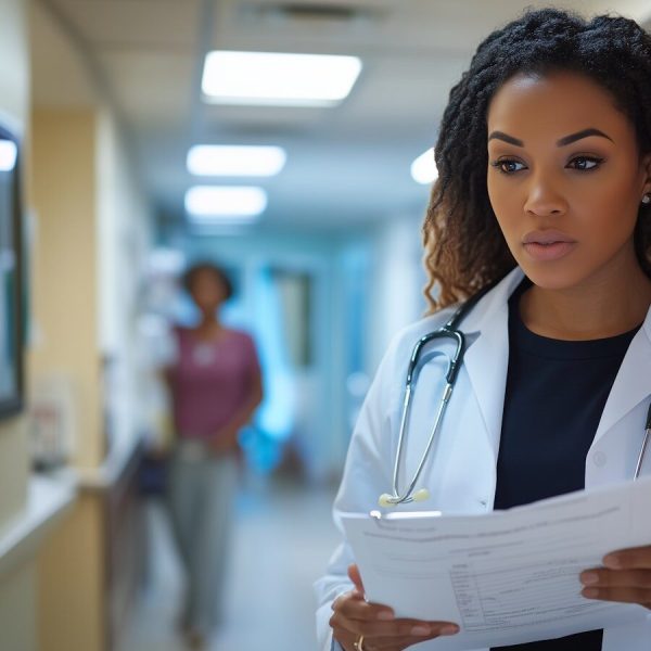 Female Doctor Reviewing Documents in Hospital Hallway