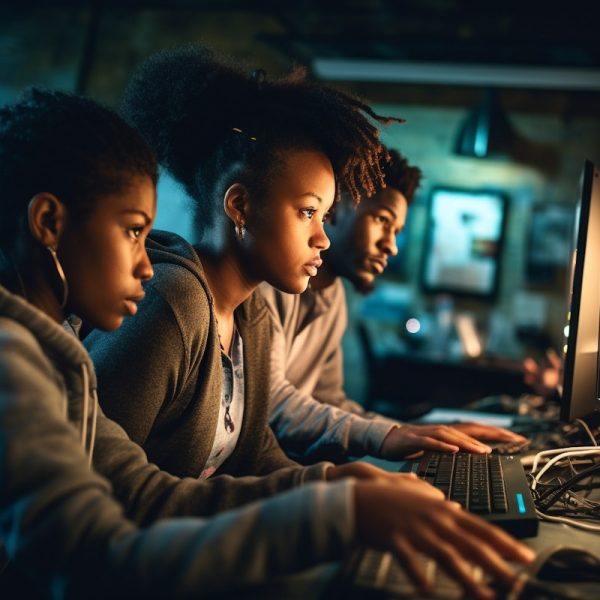 Focused Trio in an Ambient Tech Room
