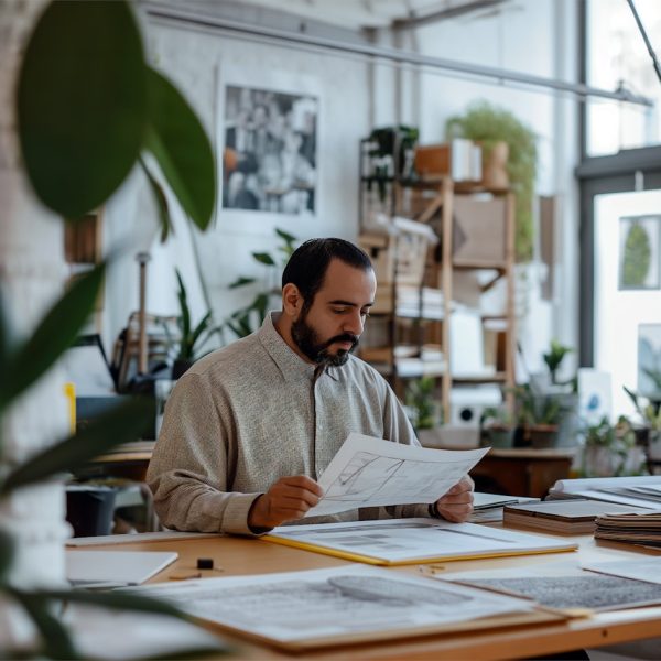 Man Analyzing Paper in Studio