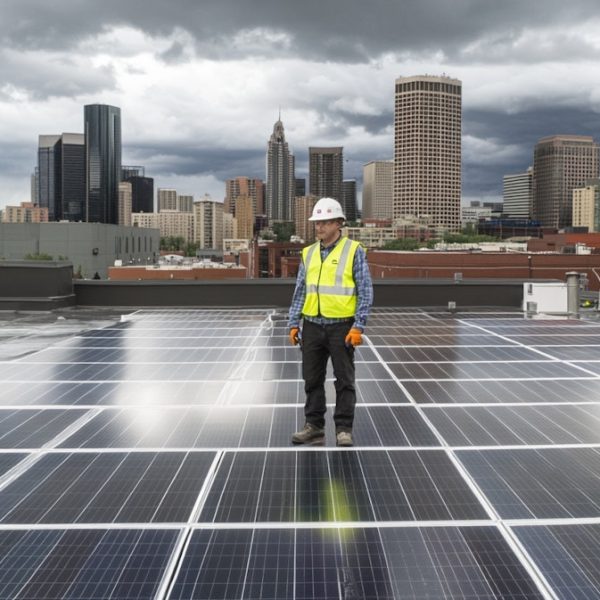 Man Inspecting Solar Panels on Rooftop