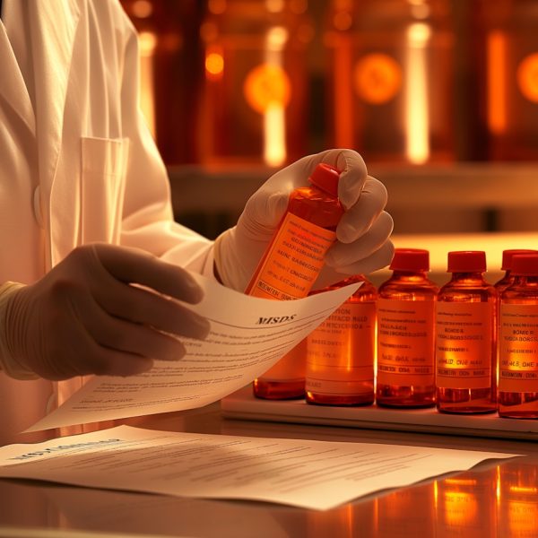 Pharmacist Reading Document in Laboratory